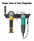 Two Bay Angle Grinder Holder Rack With Cord Hanger And Wall Mount Bracket for Grinders Cutters And Polishers Space Saving Garage Organizer