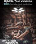 Ultra Bright 200W LED Garage Lights 4 Pack, 20000LM Daylight 6500K in workshop with man working under bright fixture