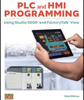 Cover of 'Master PLC And HMI Programming With Studio 5000 And FactoryTalk View A Practical Guide' showing a tablet and PLC units.