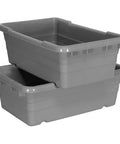 Stacked gray jumbo lug plastic nest and cross stack totes 25x16x9 inch 6 pack heavy duty bins for food service and industrial use