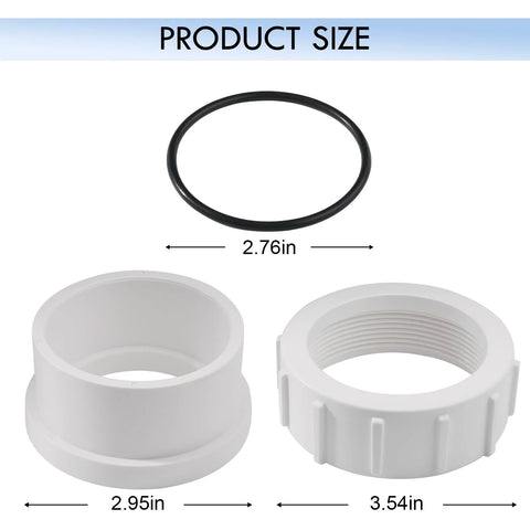 Front view of GAQUECY 2-inch half-union heater adapter set: two white plastic pieces and a black rubber O-ring