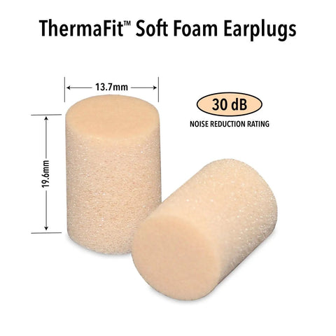 Close-up of ThermaFit Soft Foam Earplugs, 40 Pairs For Sleep, Snoring, Work, Travel And Loud Events, with 30 dB noise reduction.
