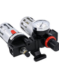 Pro Grade Air Compressor FRL Combo With Oil Water Separator And Filter Regulator Preparation Unit For One Quarter, Three Eighths And One Half Inch Lines In Sky Blue, close-up