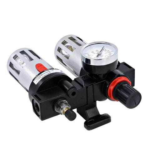 Pro Grade Air Compressor FRL Combo With Oil Water Separator And Filter Regulator Preparation Unit For One Quarter, Three Eighths And One Half Inch Lines In Sky Blue, close-up
