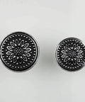 Two sizes of Vintage Sunflower Drawer Knob With Back Plate In Antique Silver Black Retro Cabinet Pull For Cupboard And Dresser Smaller 1.02 Inch Knob Solid Metal Hardware For DIY Furniture Makeover shown in front view.
