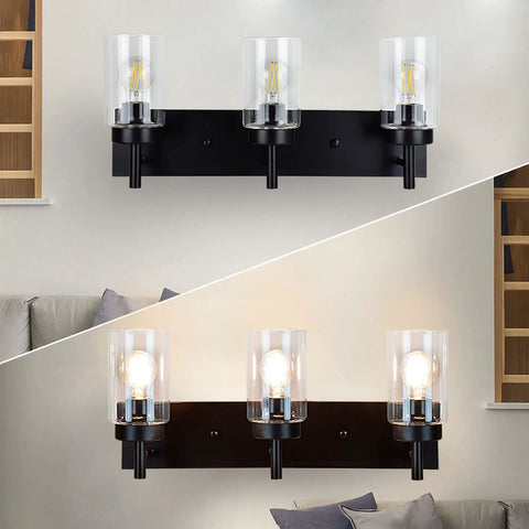 Vintage Vibes Wall Light Fixture With 3 Clear Glass Shades In Matte Black Finish, Perfect For Powder Room, Hallway, Kitchen