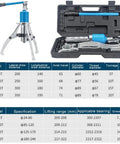 Beefy 20 Ton Hydraulic Gear Puller Kit with 2 or 3 jaw options and carrying case, visible parts and specifications table.