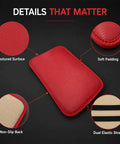 Slick Waterproof Leather Armrest Cover And Universal Center Console Pad For Every Car Fresh Wine Red Seat Box Cushion Shield showing textured surface, soft padding, non-slip back, and dual elastic straps.