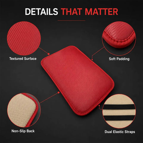 Slick Waterproof Leather Armrest Cover And Universal Center Console Pad For Every Car Fresh Wine Red Seat Box Cushion Shield showing textured surface, soft padding, non-slip back, and dual elastic straps.