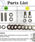 Parts list for Top Shelf Heavy Duty Battery Terminal Clamps featuring M8 and 5/16 inch hardware for secure battery connections.
