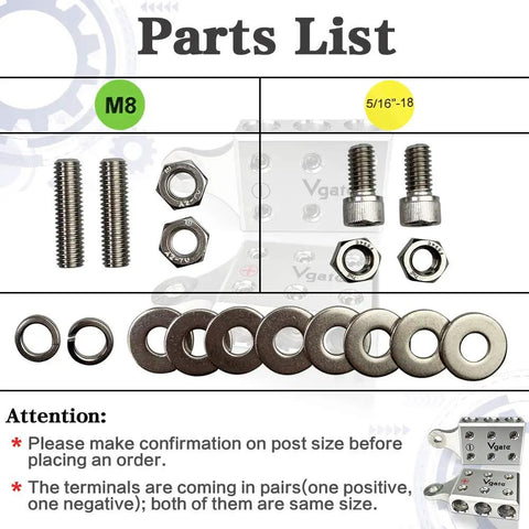 Parts list for Top Shelf Heavy Duty Battery Terminal Clamps featuring M8 and 5/16 inch hardware for secure battery connections.