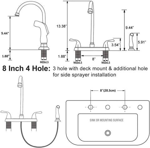 Diagram showing dimensions of High Arc Kitchen Faucet With Side Sprayer 13 Inch Tall Spout 360 Degree Rotating Two Handle 8 Inch Centerset Brushed Nickel Finish 3 Or 4 Hole Install Includes Hot And Cold Supply Lines And Sprayer Hose