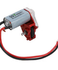 Heavy Duty RC Gearbox With 050 50T Steel Motor For RC Cars features a brushed motor with red alloy housing and wires for robust performance.