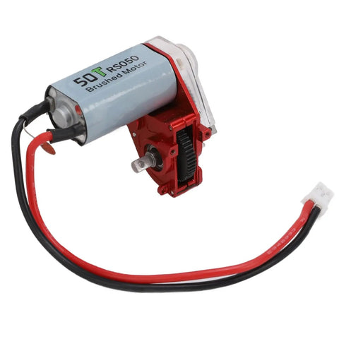 Heavy Duty RC Gearbox With 050 50T Steel Motor For RC Cars features a brushed motor with red alloy housing and wires for robust performance.