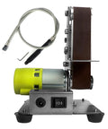 Compact Mini Electric Belt Sander Desktop Vertical Polisher For Diy Angle Grinder Sharpening And Polishing Work With 10pcs Sanding Belts Set showing side view with motor and sanding belt.