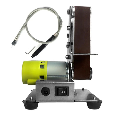 Compact Mini Electric Belt Sander Desktop Vertical Polisher For Diy Angle Grinder Sharpening And Polishing Work With 10pcs Sanding Belts Set showing side view with motor and sanding belt.