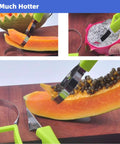 Using 4 In 1 Stainless Steel Fruit Carving Tools Set with melon baller scoop, V-shaped tool on papaya and dragon fruit. Green handle.