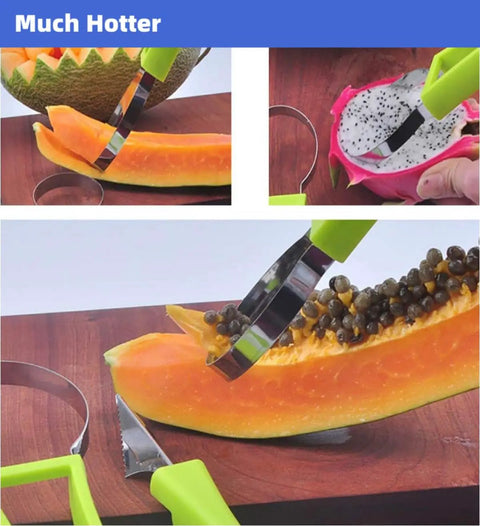 Using 4 In 1 Stainless Steel Fruit Carving Tools Set with melon baller scoop, V-shaped tool on papaya and dragon fruit. Green handle.