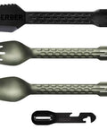 ComplEAT Camping Utensils Set For Outdoor Cooking With Fork Spoon Tongs Spatula And Four Function Multi Tool Ultra Lightweight Backpacking Cookware Kit In Flat Sage displayed on white background