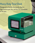 Heavy Duty Digital Time Recorder Featuring Solid Steel Construction And Bright Backlit Lcd Display Designed For The Daily Grind And Rugged Work Floors Where Dependable Employee Tracking Never Misses A Beat On Busy Shopsites, green color, front view.