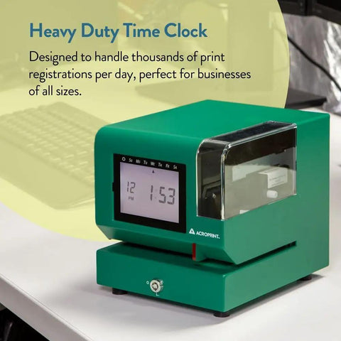 Heavy Duty Digital Time Recorder Featuring Solid Steel Construction And Bright Backlit Lcd Display Designed For The Daily Grind And Rugged Work Floors Where Dependable Employee Tracking Never Misses A Beat On Busy Shopsites, green color, front view.