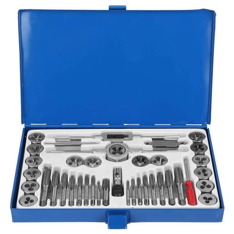 Super Durable 40 Piece Alloy Steel Tap And Die Set For Garage Repair With Metric NPT Taps Dies Wrenches Gauge Hand Threading Kit M3 To Max Size in blue case