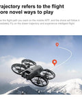 4K HD Dual Camera Drone With Remote Control Screen flying over snowy mountains with mapped trajectory path in the sky