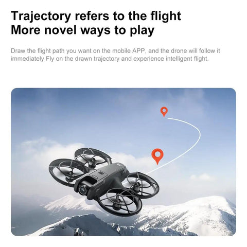 4K HD Dual Camera Drone With Remote Control Screen flying over snowy mountains with mapped trajectory path in the sky