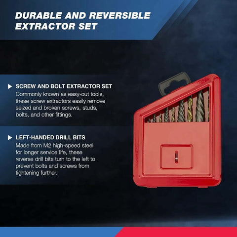 Screw-extractor and left-hand drill-bit set in red case with exposed bits; 10-piece HSS M2 steel bits