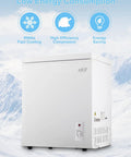 Compact 7.0 Cubic Foot Chest Freezer With Top Lid And White Finish Manual Defrost in snowy background, showing efficiency features.