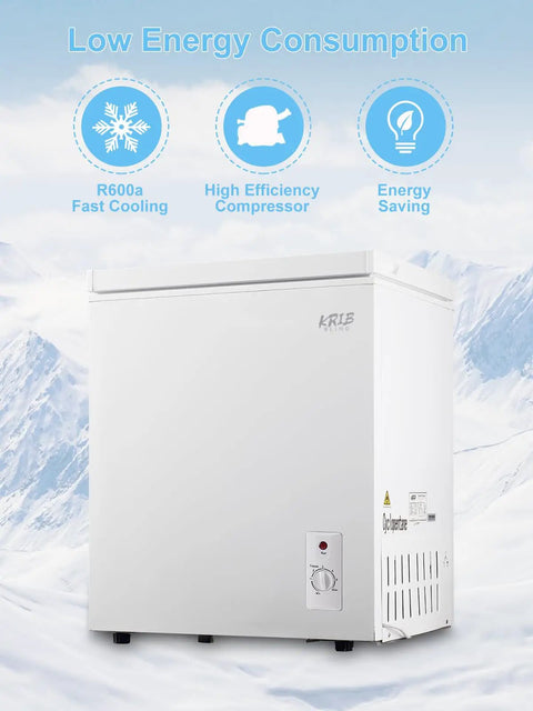Compact 7.0 Cubic Foot Chest Freezer With Top Lid And White Finish Manual Defrost in snowy background, showing efficiency features.