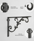 Black Iron Wall Shelf Bracket For Industrial Rustic Decor with solid iron construction and matte finish, detail view.