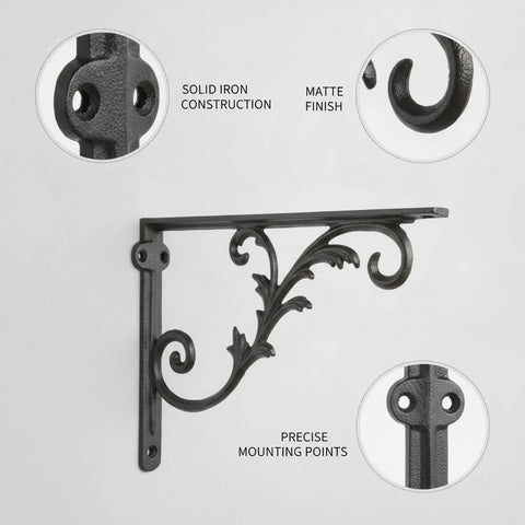 Black Iron Wall Shelf Bracket For Industrial Rustic Decor with solid iron construction and matte finish, detail view.