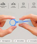 All In One Invisalign Aligner Removal Tool With Built In Chewies Pack Of 2 Easy Removal And Perfect Seat For Aligners Retainers And Trays Patented 2 In 1 Design For Cleaner Wear And Secure Fit. Blue plastic aligner tool shown in hands