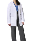 Unisex Lab Coat For Professionals White Long Sleeve Consultation Length Four Button Front Three Pockets Plus Reinforced Pen Pocket Durable Eighty Percent Polyester Twenty Percent Cotton Poplin Large Size