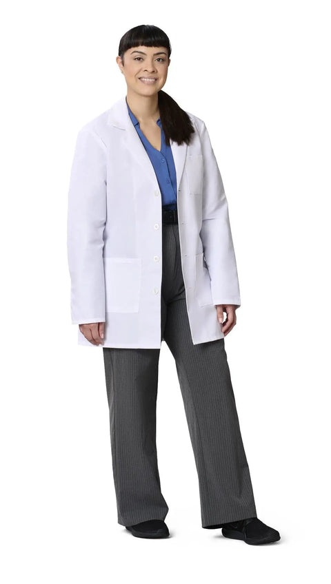 Unisex Lab Coat For Professionals White Long Sleeve Consultation Length Four Button Front Three Pockets Plus Reinforced Pen Pocket Durable Eighty Percent Polyester Twenty Percent Cotton Poplin Large Size