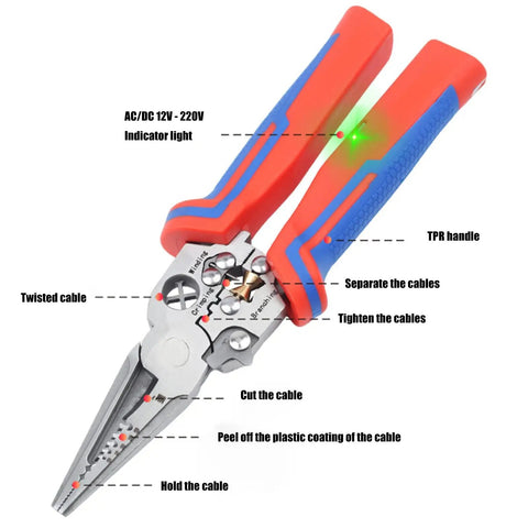 Premium Stainless Steel Wire Crimper And Stripper Tool For Electricians with ergonomic TPR handle and indicator light.