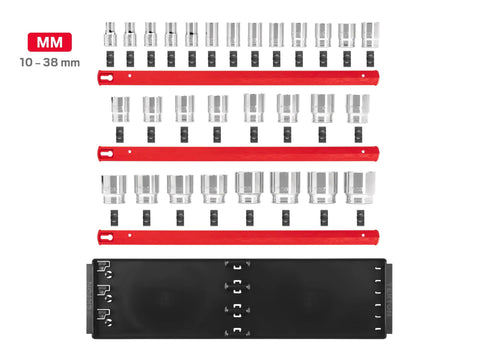 Half Inch Drive Shallow Six-Point Socket Set With Rails And Tray, 29-Piece, Metric Sockets From Ten To Thirty-Eight Millimeters