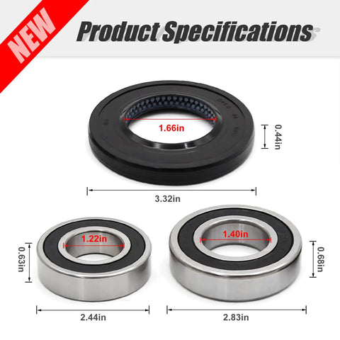 Heavy Duty Washer Seal Bearing And Tub Drum Shaft Assembly Kit For Samsung Models product specifications image showing sizes and dimensions of bearings and seal.