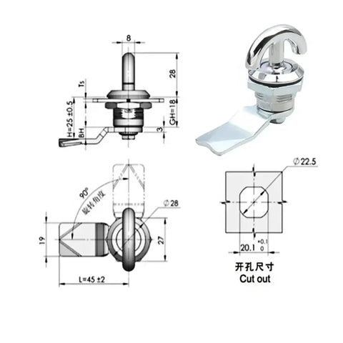 Technical drawing and image of Heavy Duty Zinc Alloy Cam Lock for Cabinets with dimensions and reversible stop cam detail.