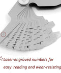 Close-up of 30 Degree Screw Pitch Gauge Set 12 Pcs Stainless Steel T Thread Measuring Tool, laser-engraved blades