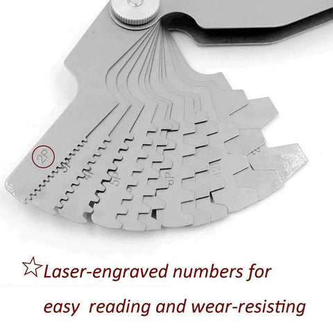 Close-up of 30 Degree Screw Pitch Gauge Set 12 Pcs Stainless Steel T Thread Measuring Tool, laser-engraved blades