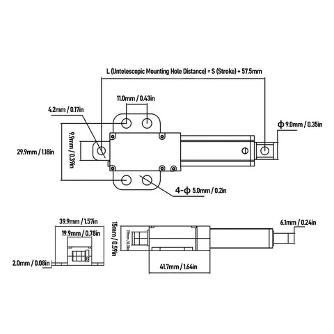 Mini Electric Linear Actuator 24V Dc Waterproof Motor Featuring 40Mm Hella Smooth Travel Push 30Mm Per Second Quick Response dimensions diagram with measurements.