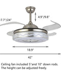42 inch retractable ceiling fan with lights and Bluetooth, silver finish, dimensions and adjustable rods shown