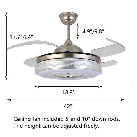 42 inch retractable ceiling fan with lights and Bluetooth, silver finish, dimensions and adjustable rods shown