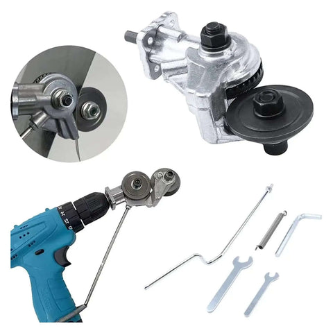 Pro Grade Heavy Duty Drill Plate Cutter Kit With Metal Nibbler Attachment And Adapter shown with electric drill and tools