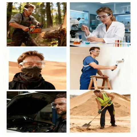 Different professionals using OTG Safety Goggles With Anti Fog, Scratch Resistant Wide View Lens, Lightweight Shield for various tasks.