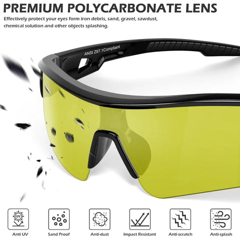 Hella Durable 12 Pack Safety Glasses For Men And Women Featuring Tinted Lenses With Top Tier Impact Resistance And Ansi Z87 Certification close-up of yellow tinted polycarbonate safety eyewear.