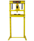 Heavy Iron 20 Ton Hydraulic Shop Press Solid Steel Bottle Jack with yellow frame for bending and straightening auto parts.