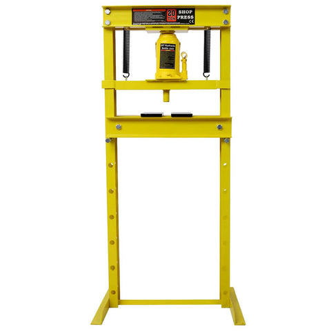 Heavy Iron 20 Ton Hydraulic Shop Press Solid Steel Bottle Jack with yellow frame for bending and straightening auto parts.